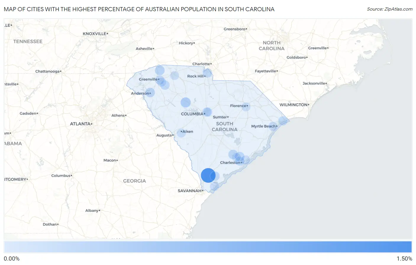 Cities with the Highest Percentage of Australian Population in South Carolina Map