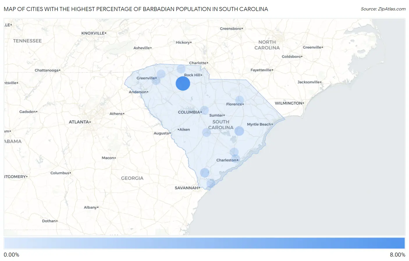 Cities with the Highest Percentage of Barbadian Population in South Carolina Map