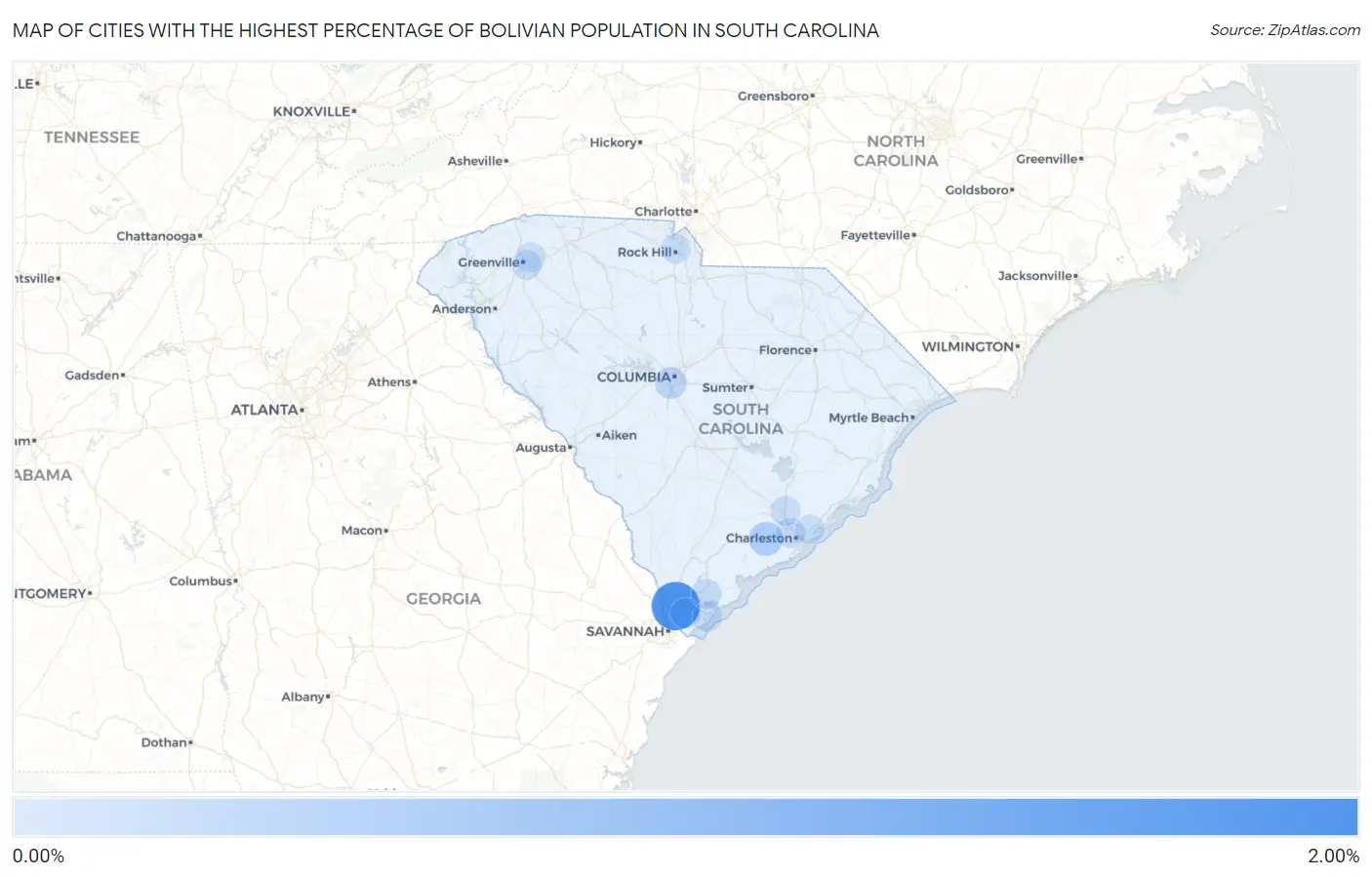 Cities with the Highest Percentage of Bolivian Population in South Carolina Map