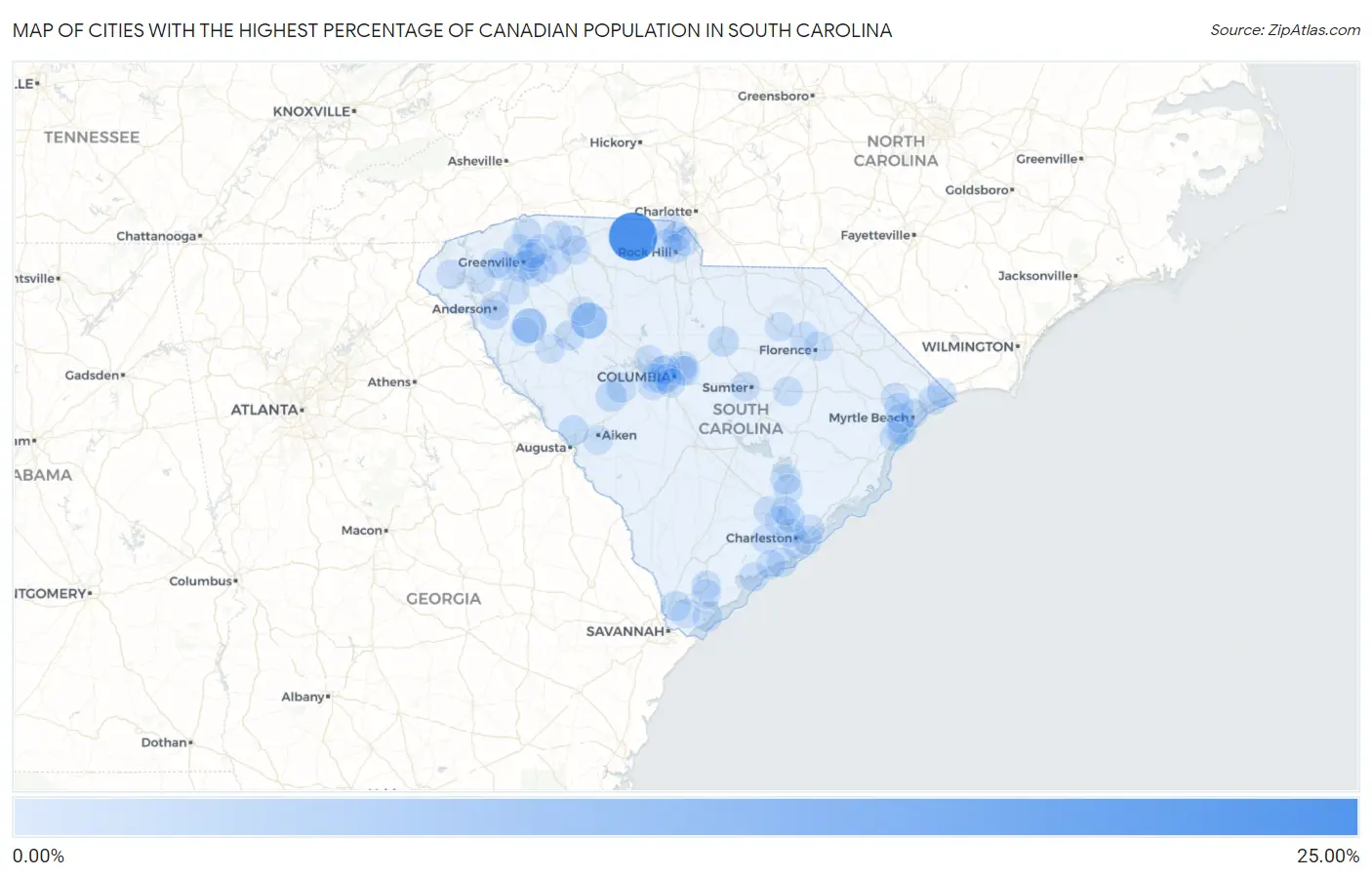 Cities with the Highest Percentage of Canadian Population in South Carolina Map