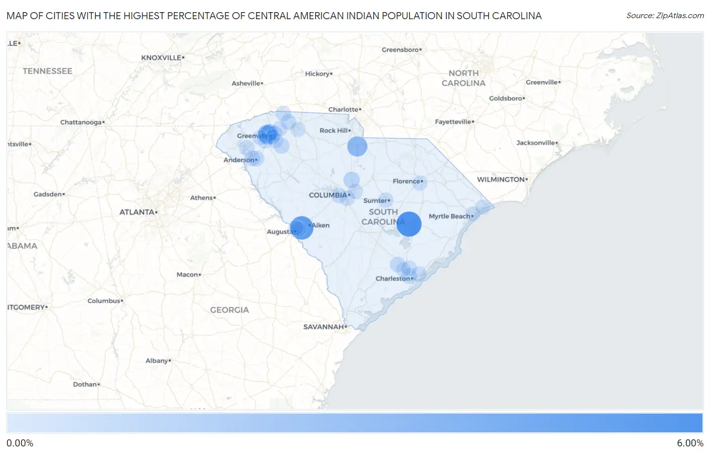 Cities with the Highest Percentage of Central American Indian Population in South Carolina Map