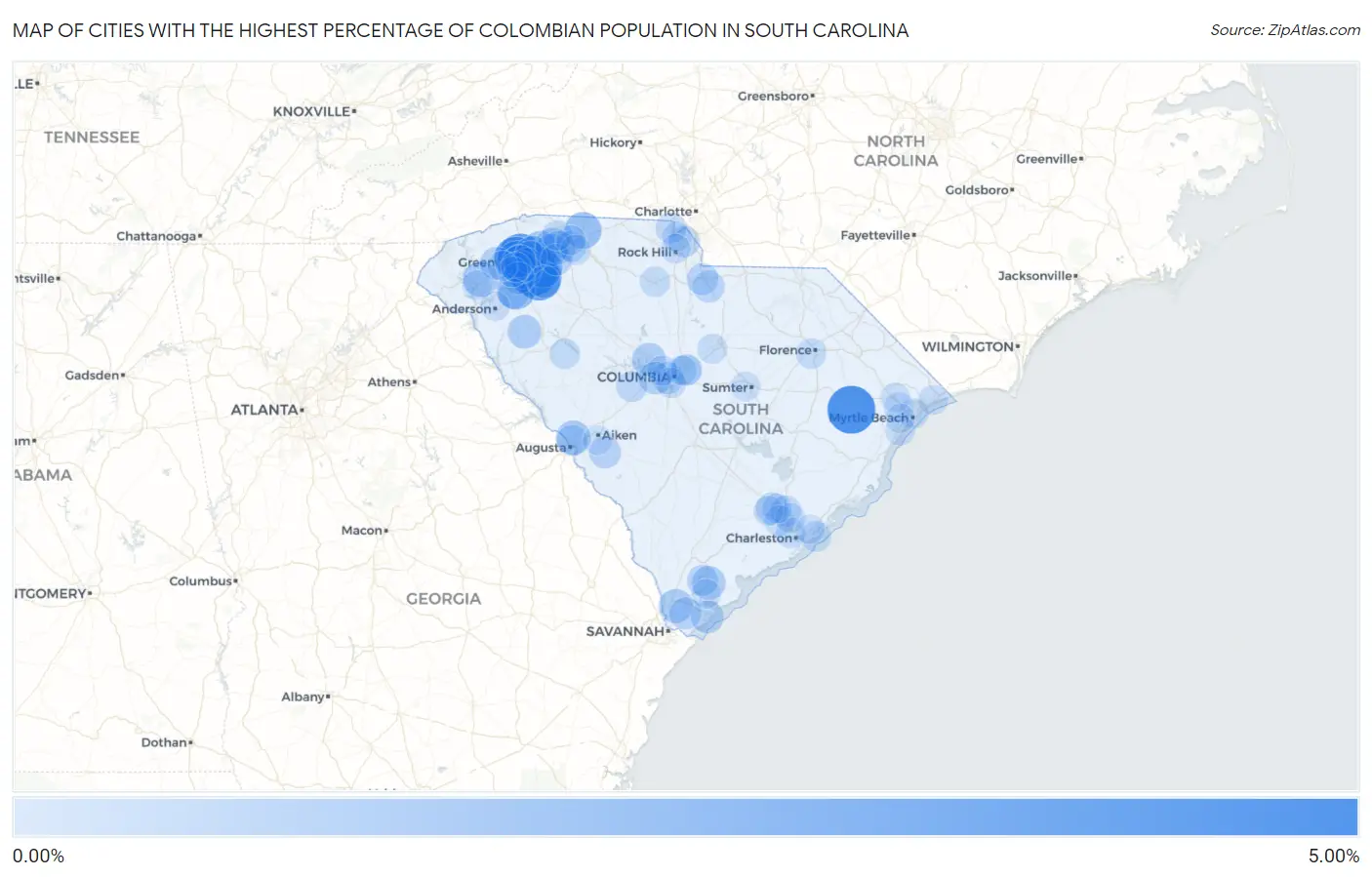 Cities with the Highest Percentage of Colombian Population in South Carolina Map