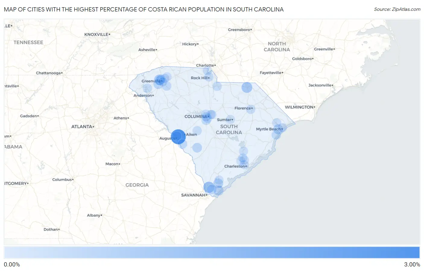 Cities with the Highest Percentage of Costa Rican Population in South Carolina Map