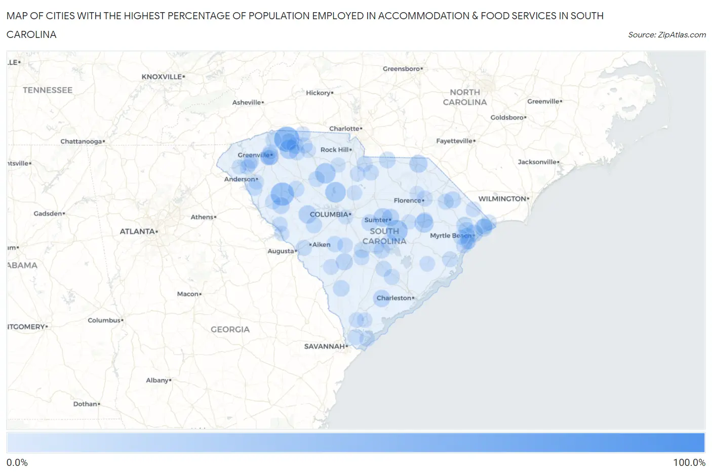 Cities with the Highest Percentage of Population Employed in Accommodation & Food Services in South Carolina Map