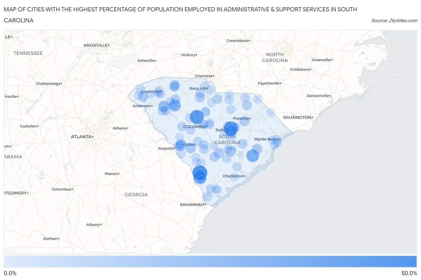 Cities with the Highest Percentage of Population Employed in Administrative & Support Services in South Carolina Map