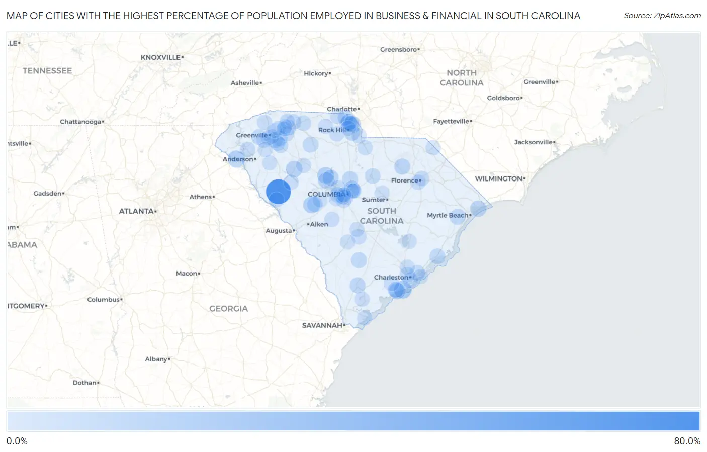 Cities with the Highest Percentage of Population Employed in Business & Financial in South Carolina Map