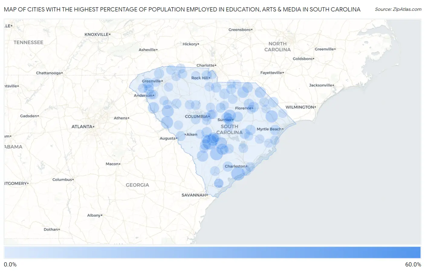 Cities with the Highest Percentage of Population Employed in Education, Arts & Media in South Carolina Map