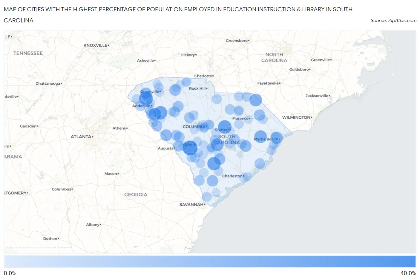 Cities with the Highest Percentage of Population Employed in Education Instruction & Library in South Carolina Map