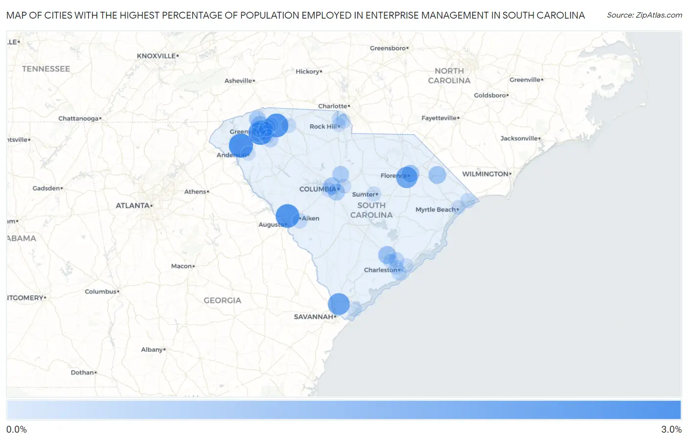 Cities with the Highest Percentage of Population Employed in Enterprise Management in South Carolina Map