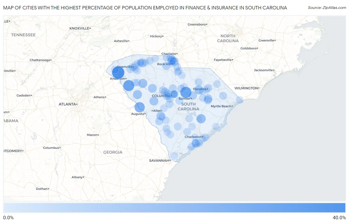 Cities with the Highest Percentage of Population Employed in Finance & Insurance in South Carolina Map