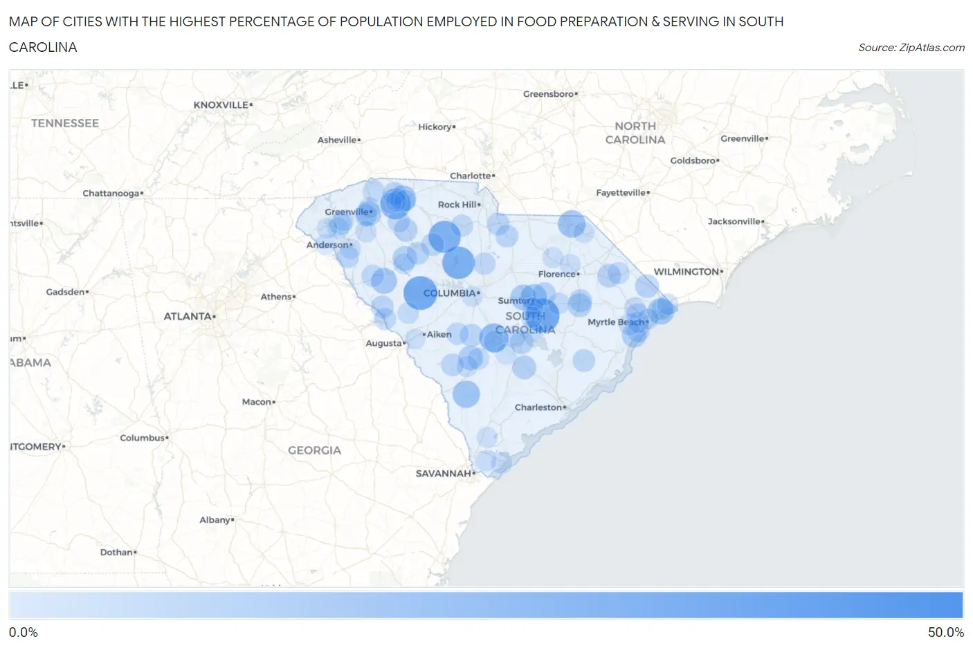 Cities with the Highest Percentage of Population Employed in Food Preparation & Serving in South Carolina Map
