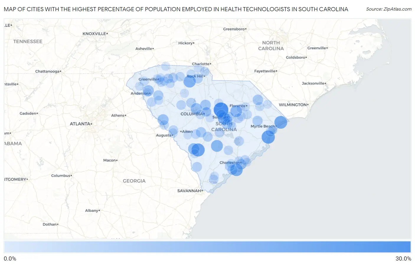 Cities with the Highest Percentage of Population Employed in Health Technologists in South Carolina Map