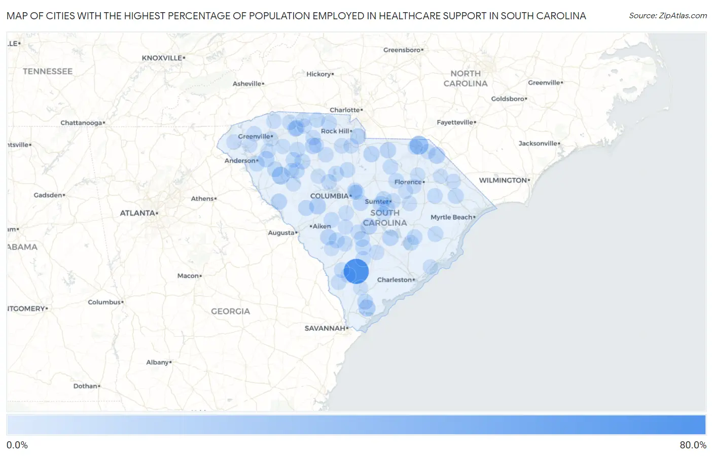 Cities with the Highest Percentage of Population Employed in Healthcare Support in South Carolina Map