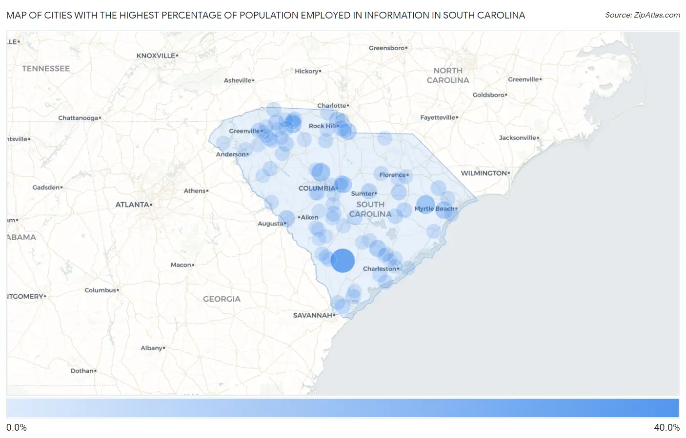 Cities with the Highest Percentage of Population Employed in Information in South Carolina Map
