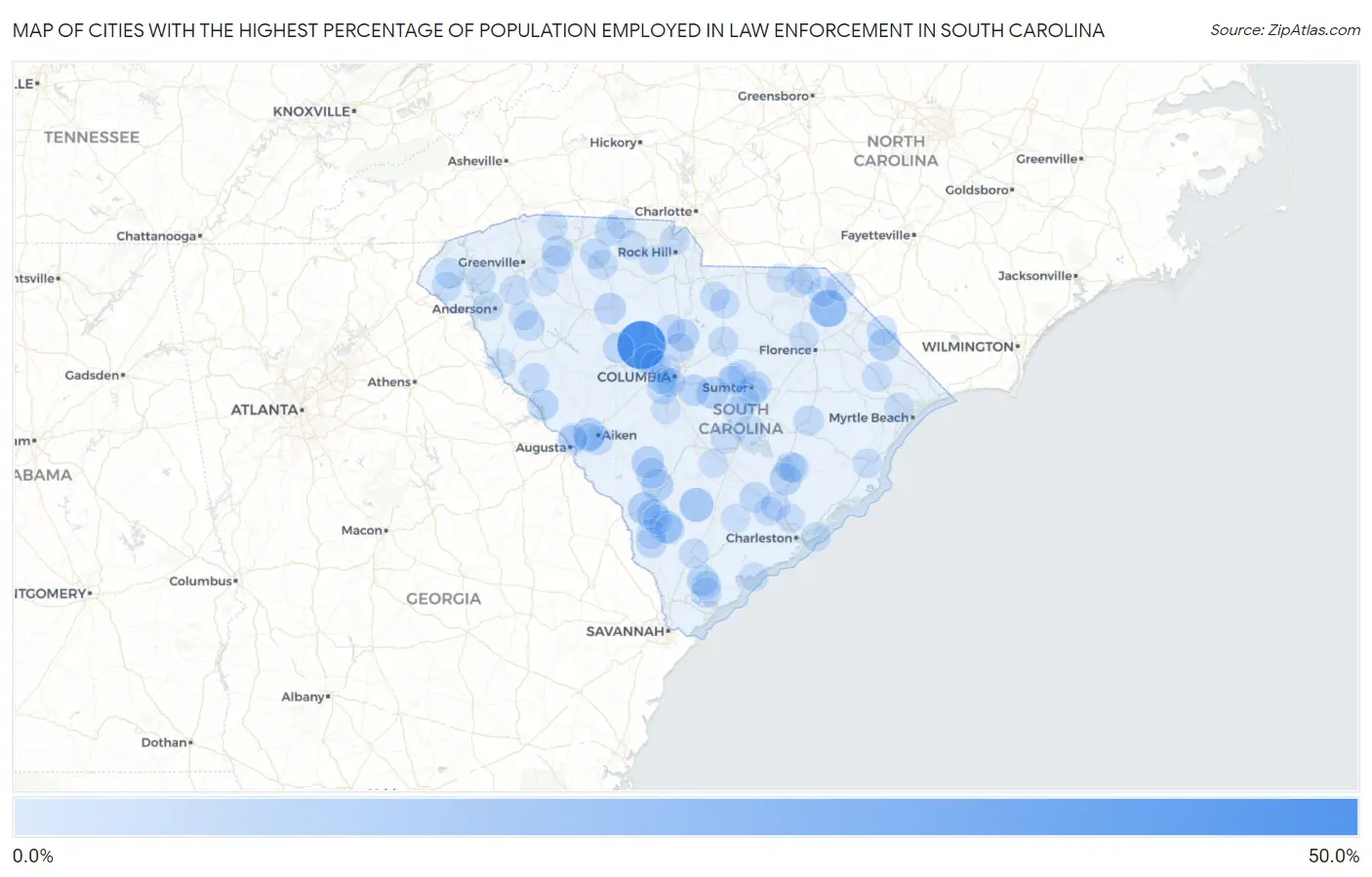 Cities with the Highest Percentage of Population Employed in Law Enforcement in South Carolina Map