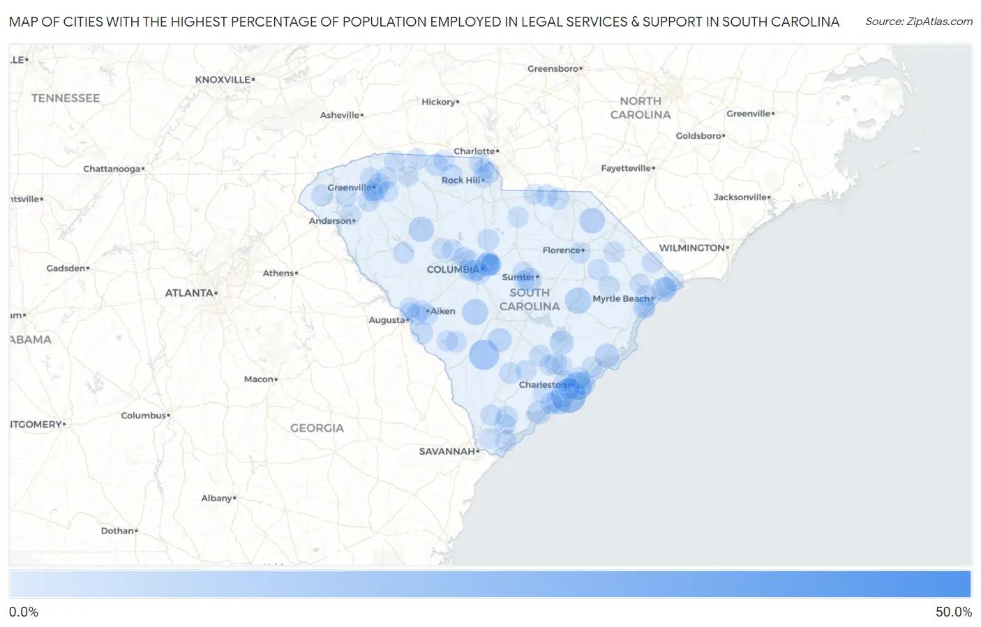 Cities with the Highest Percentage of Population Employed in Legal Services & Support in South Carolina Map