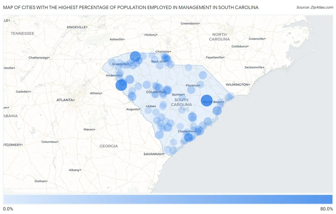 Cities with the Highest Percentage of Population Employed in Management in South Carolina Map