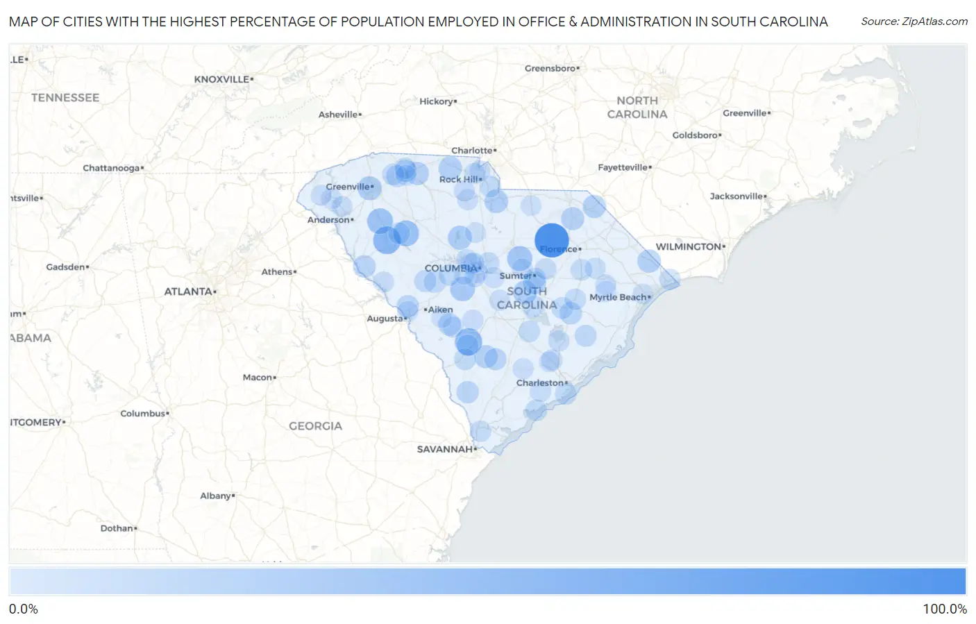 Cities with the Highest Percentage of Population Employed in Office & Administration in South Carolina Map