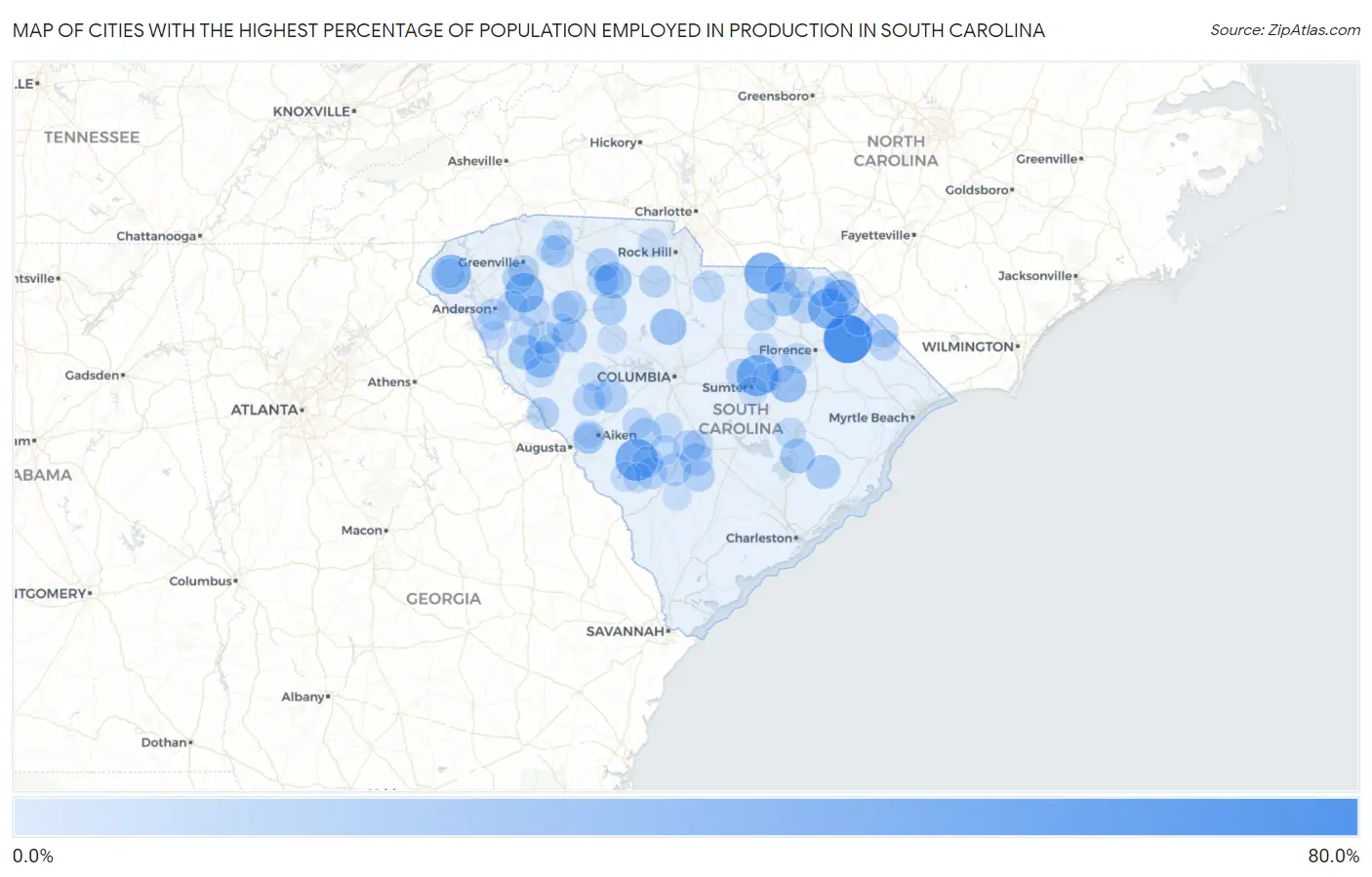 Cities with the Highest Percentage of Population Employed in Production in South Carolina Map