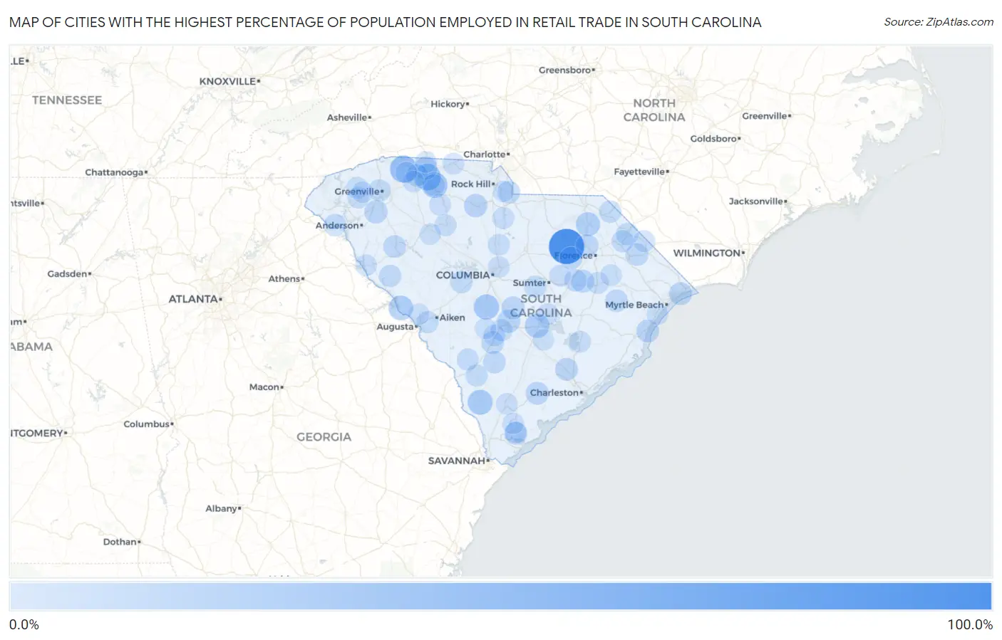 Cities with the Highest Percentage of Population Employed in Retail Trade in South Carolina Map