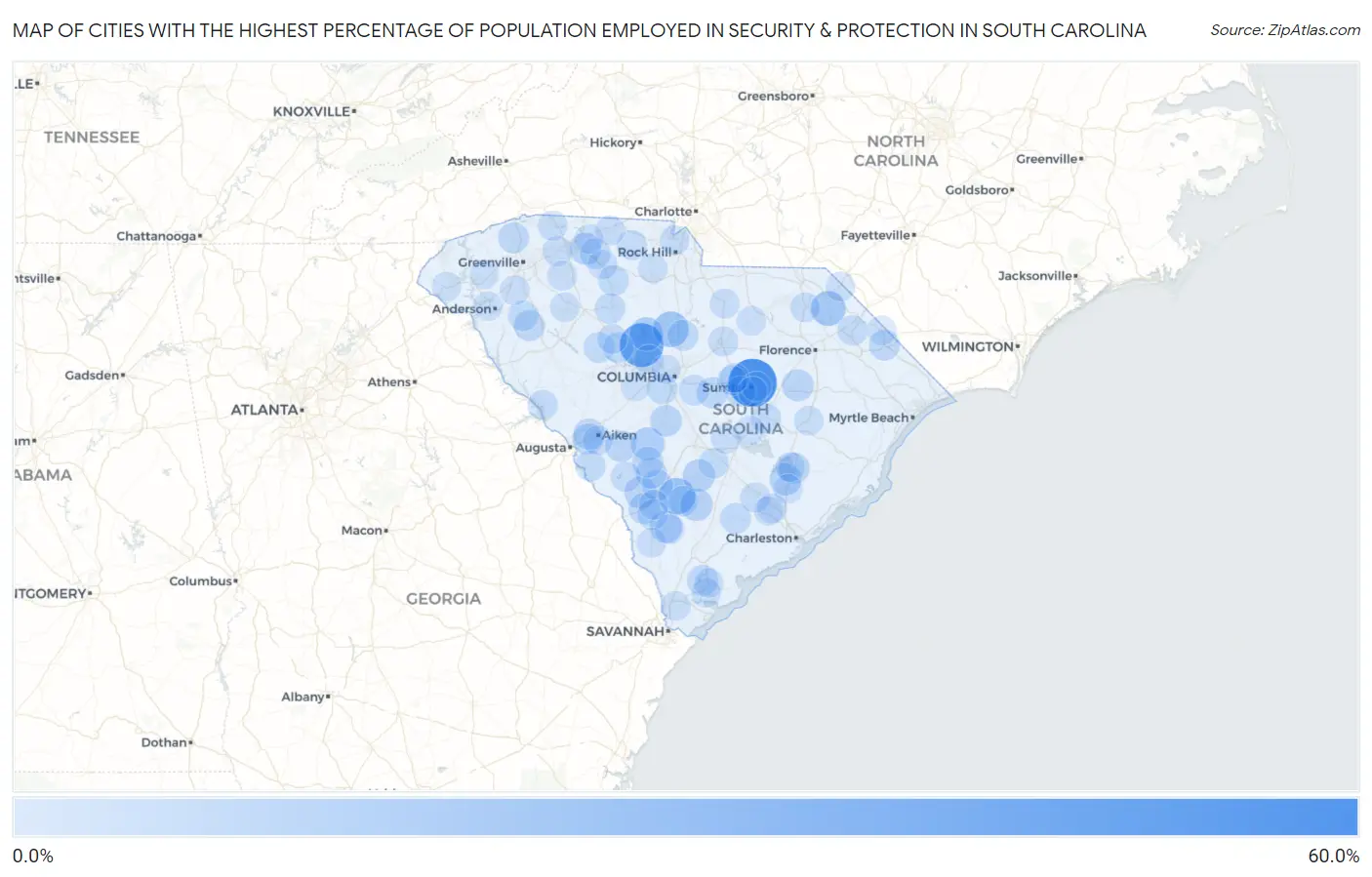 Cities with the Highest Percentage of Population Employed in Security & Protection in South Carolina Map