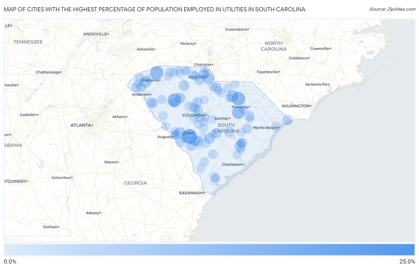 Cities with the Highest Percentage of Population Employed in Utilities in South Carolina Map