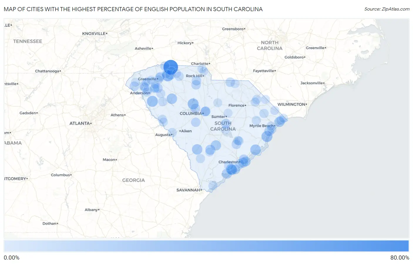 Cities with the Highest Percentage of English Population in South Carolina Map