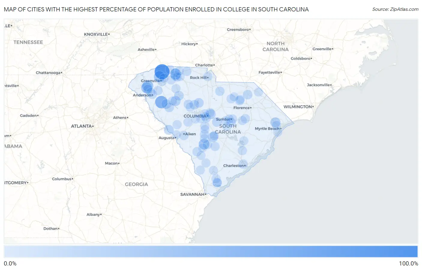 Cities with the Highest Percentage of Population Enrolled in College in South Carolina Map