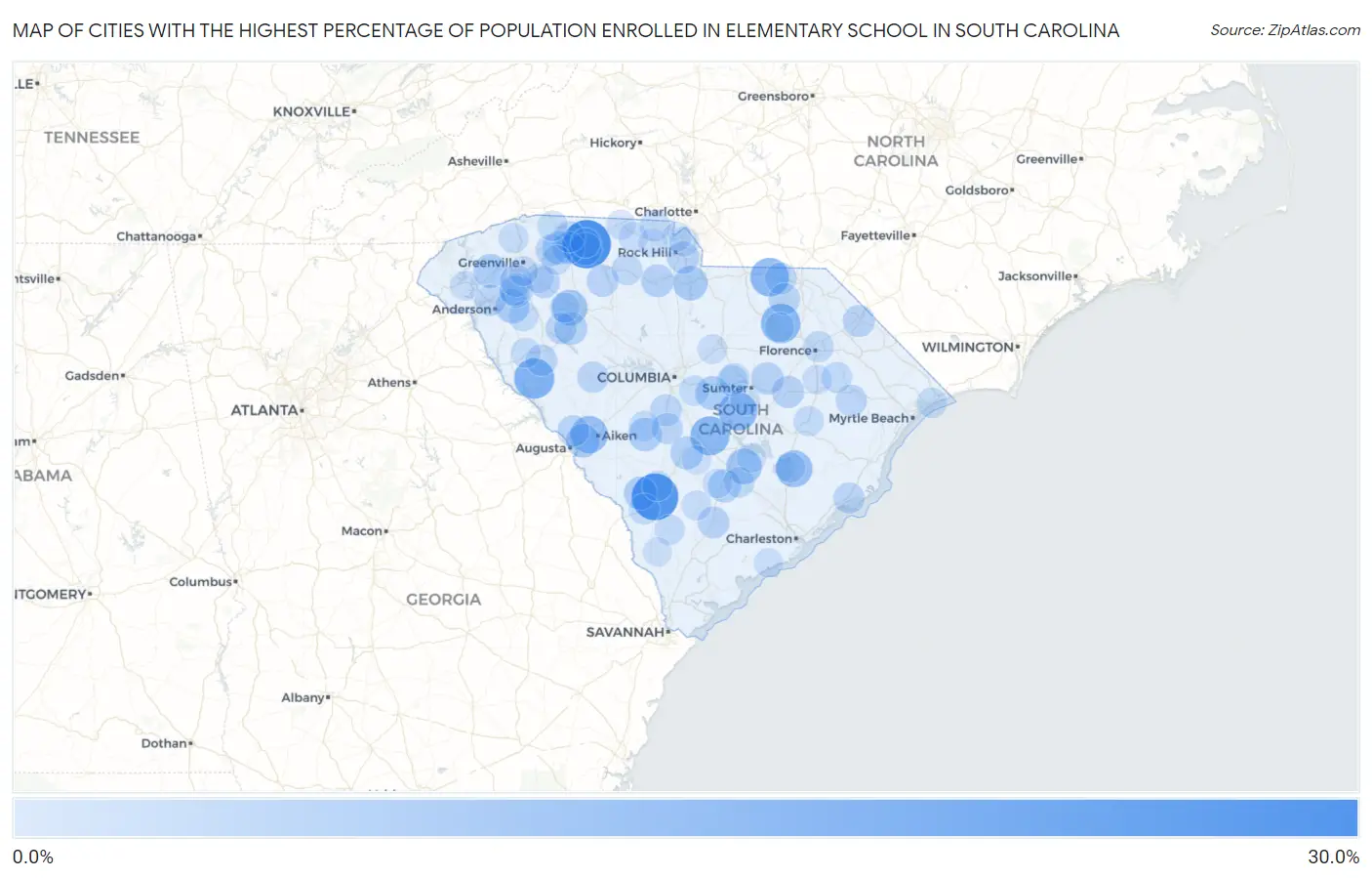 Cities with the Highest Percentage of Population Enrolled in Elementary School in South Carolina Map