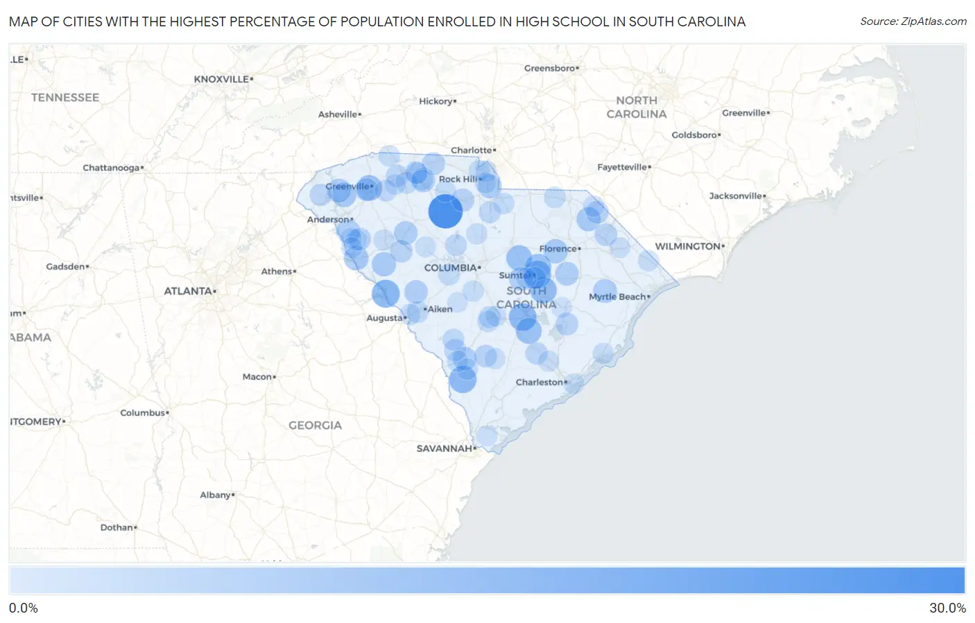 Cities with the Highest Percentage of Population Enrolled in High School in South Carolina Map
