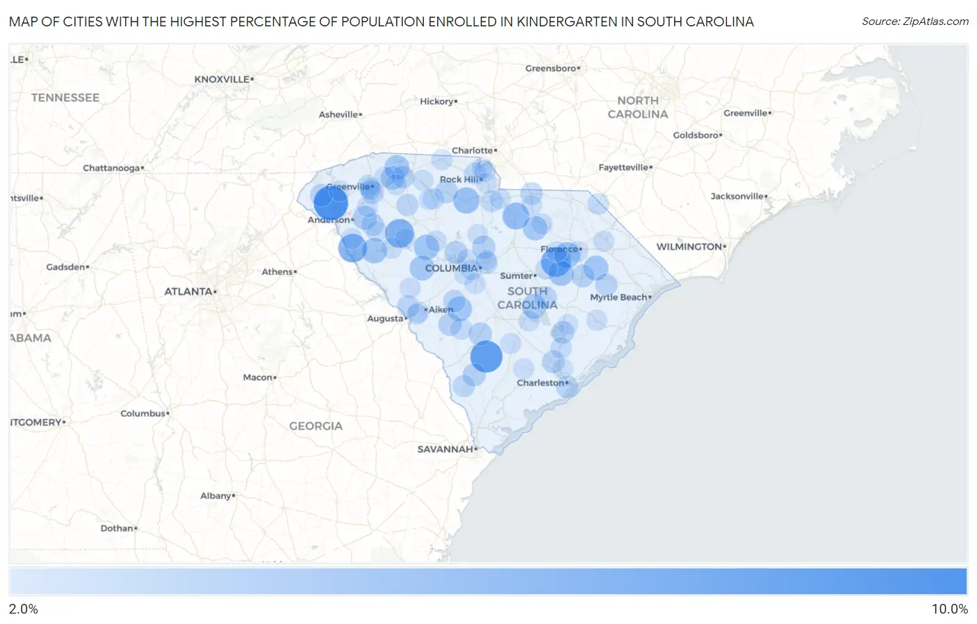 Cities with the Highest Percentage of Population Enrolled in Kindergarten in South Carolina Map