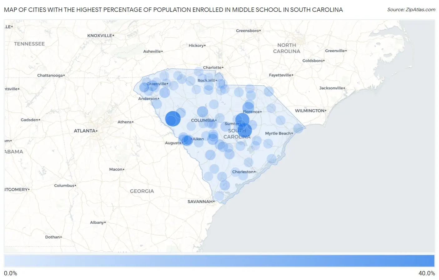 Cities with the Highest Percentage of Population Enrolled in Middle School in South Carolina Map