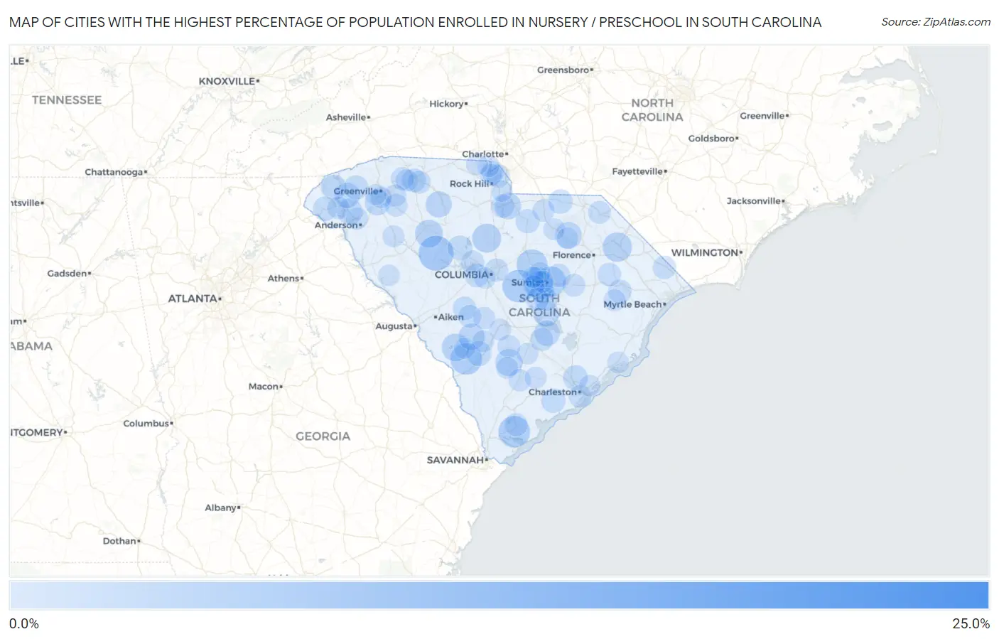 Cities with the Highest Percentage of Population Enrolled in Nursery / Preschool in South Carolina Map