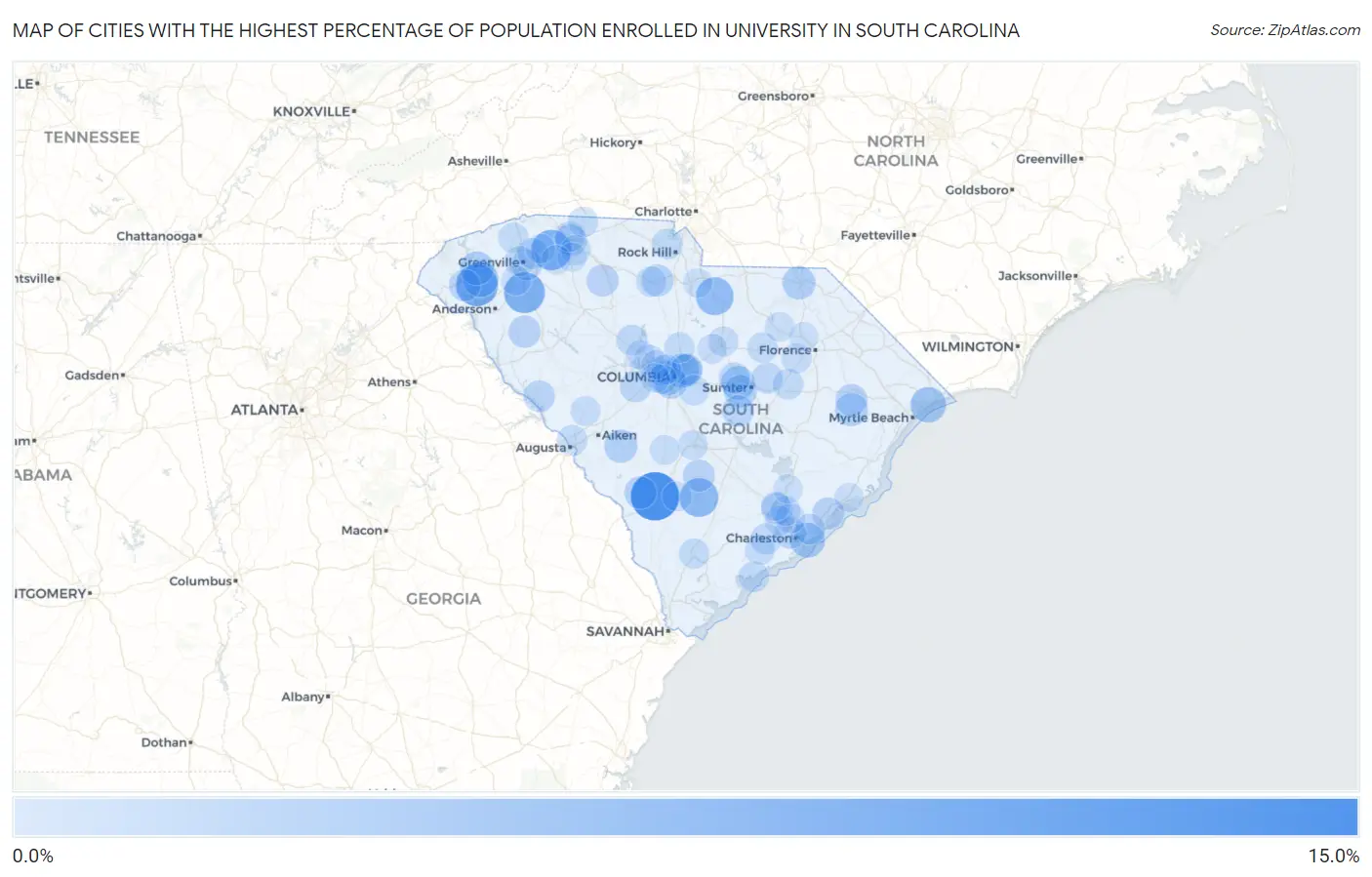 Cities with the Highest Percentage of Population Enrolled in University in South Carolina Map