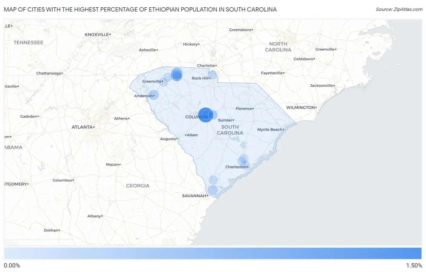 Cities with the Highest Percentage of Ethiopian Population in South Carolina Map