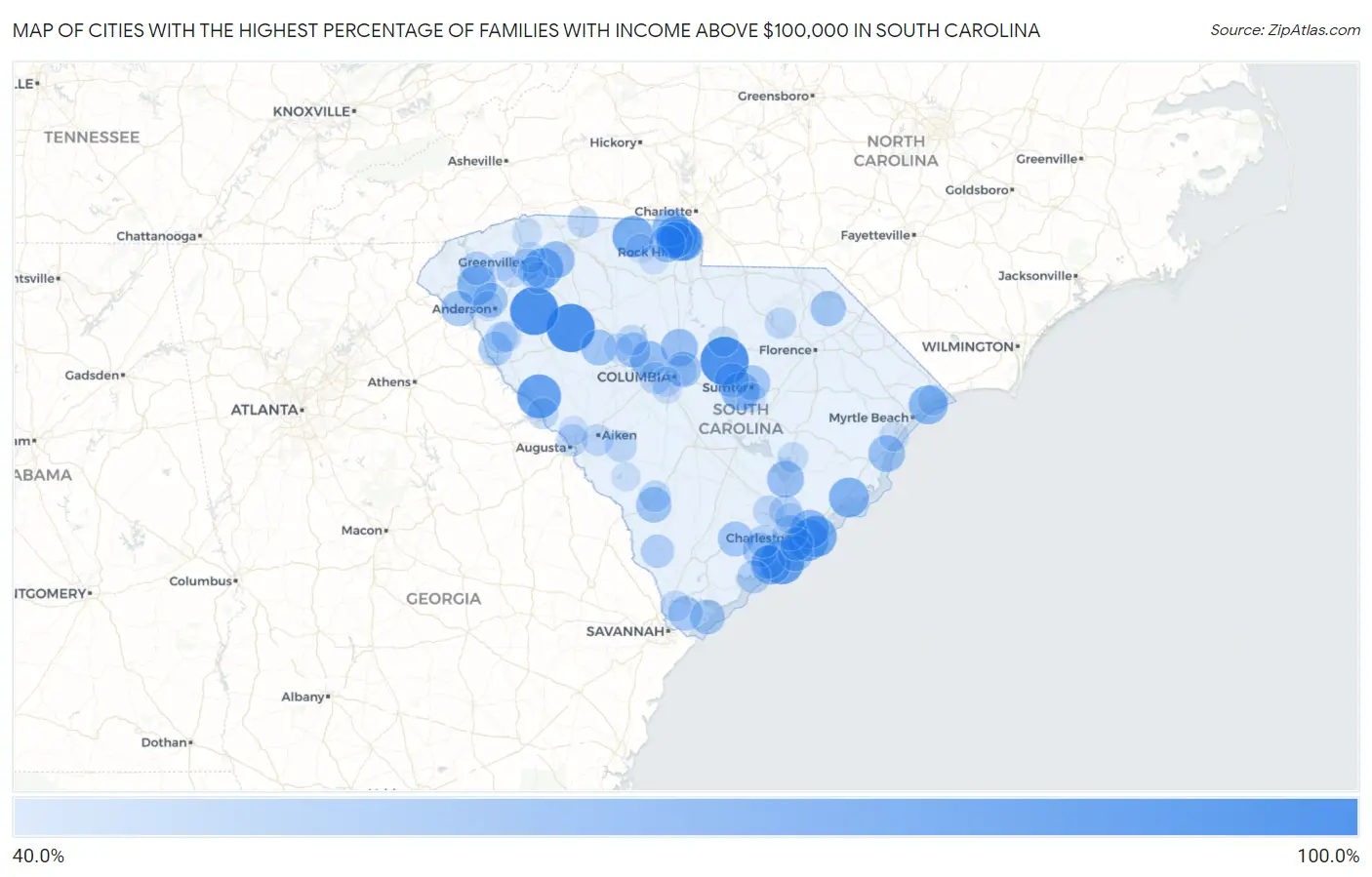 Cities with the Highest Percentage of Families with Income Above $100,000 in South Carolina Map