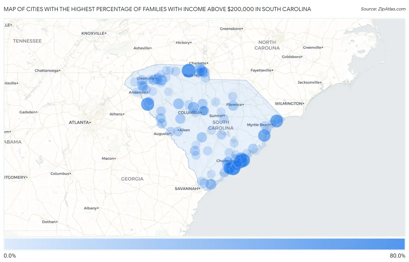 Cities with the Highest Percentage of Families with Income Above $200,000 in South Carolina Map
