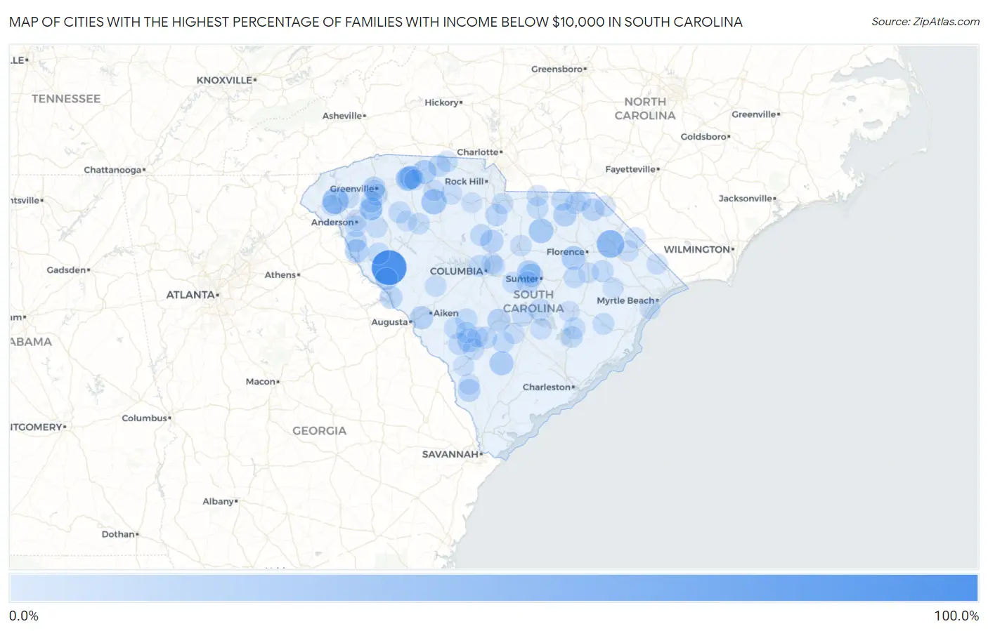 Cities with the Highest Percentage of Families with Income Below $10,000 in South Carolina Map