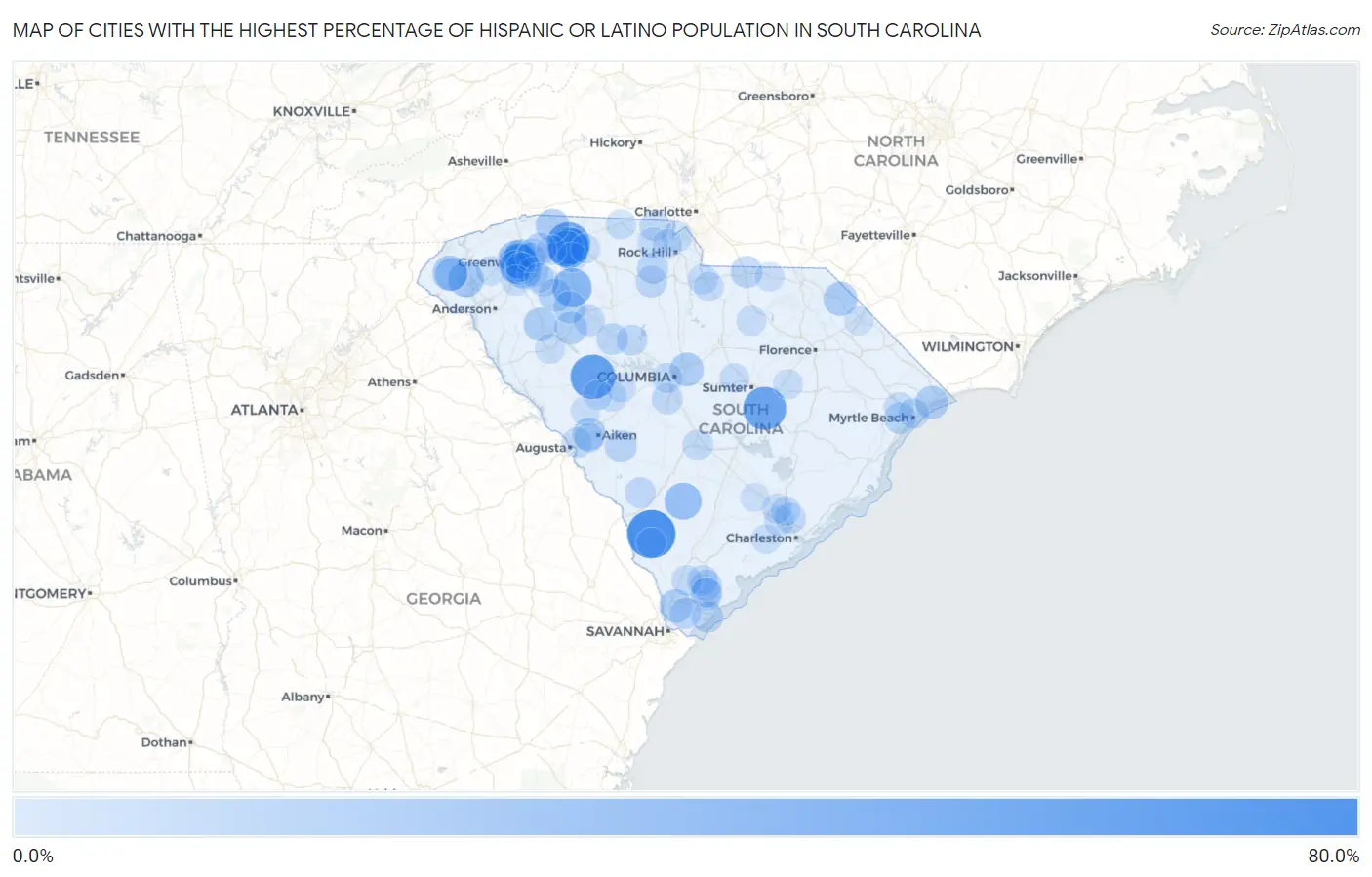 Cities with the Highest Percentage of Hispanic or Latino Population in South Carolina Map