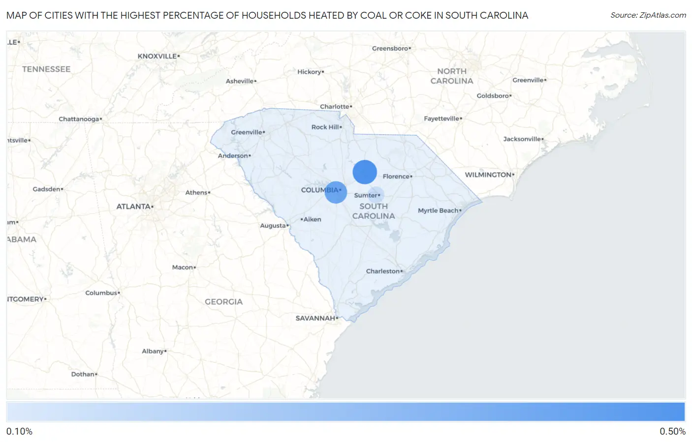 Cities with the Highest Percentage of Households Heated by Coal or Coke in South Carolina Map