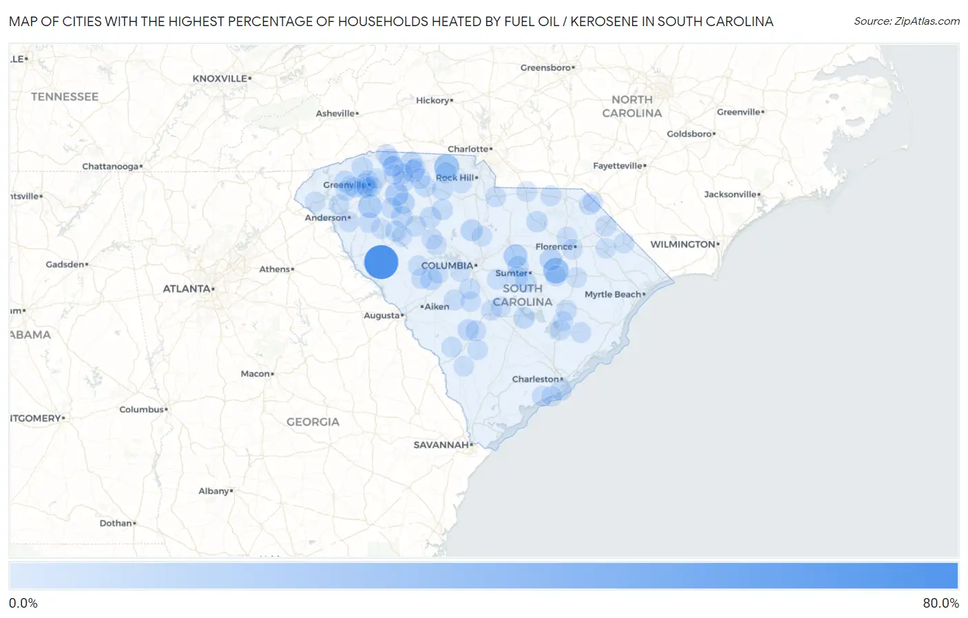 Cities with the Highest Percentage of Households Heated by Fuel Oil / Kerosene in South Carolina Map