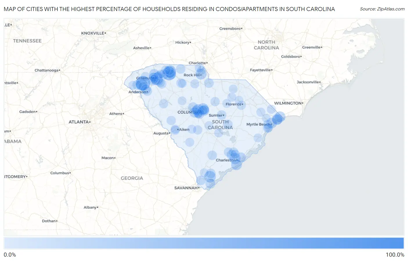 Cities with the Highest Percentage of Households Residing in Condos/Apartments in South Carolina Map