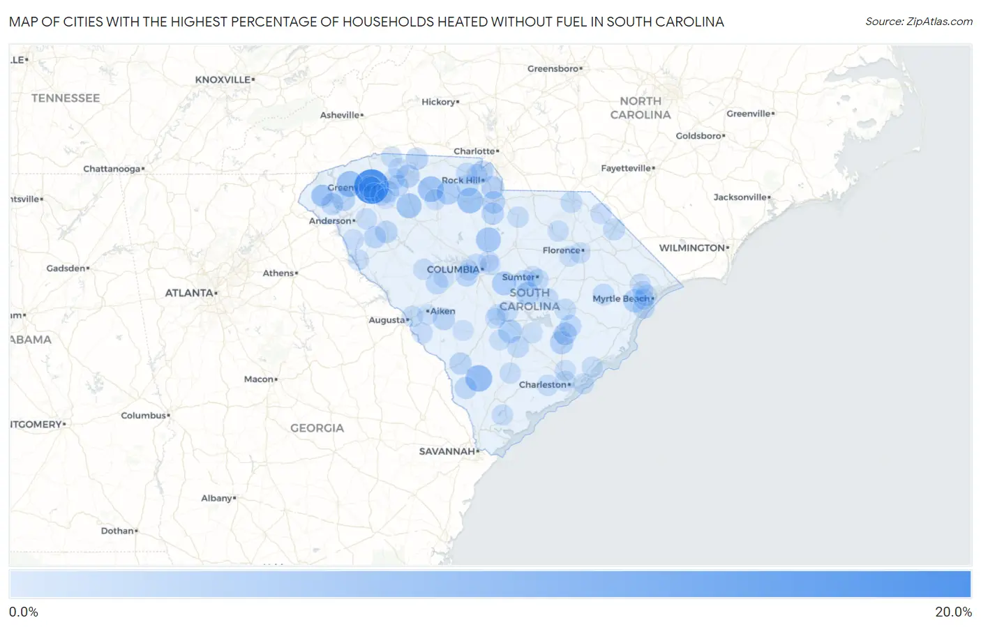 Cities with the Highest Percentage of Households Heated without Fuel in South Carolina Map