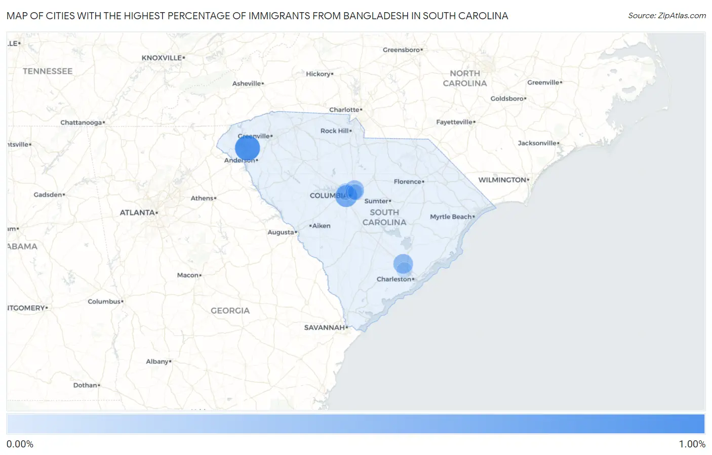 Cities with the Highest Percentage of Immigrants from Bangladesh in South Carolina Map
