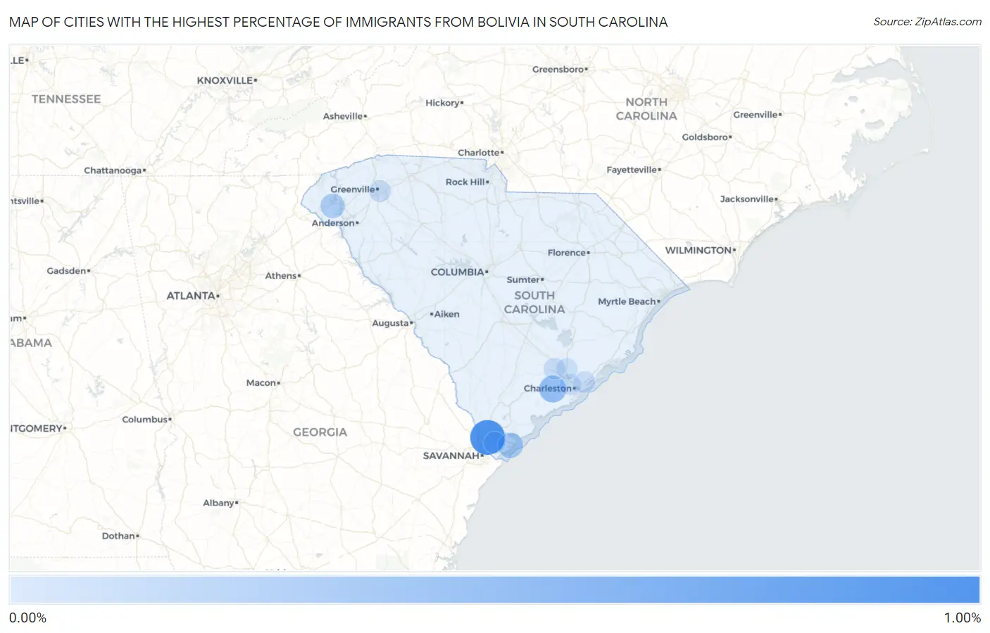 Cities with the Highest Percentage of Immigrants from Bolivia in South Carolina Map