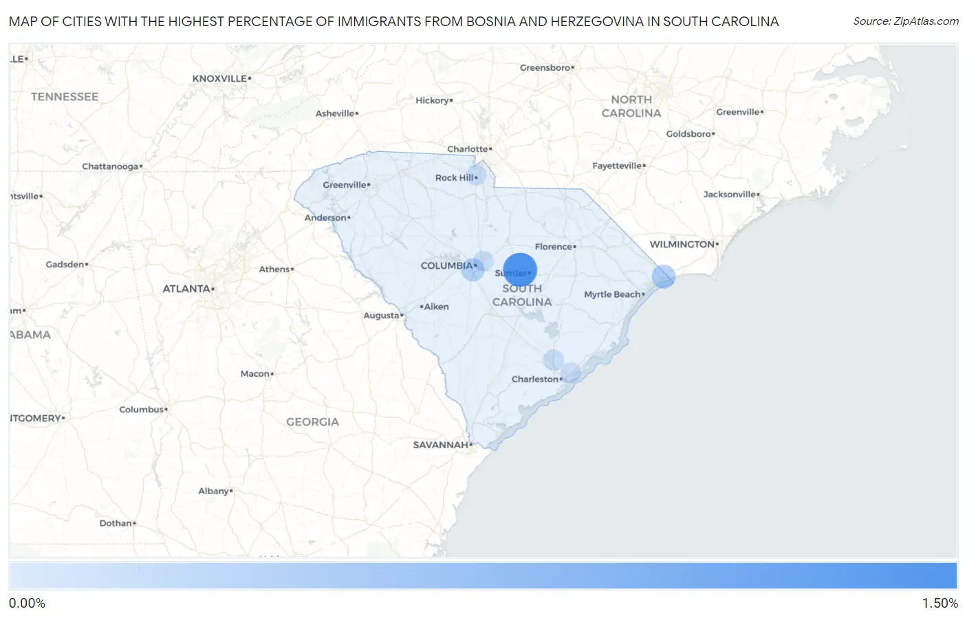 Cities with the Highest Percentage of Immigrants from Bosnia and Herzegovina in South Carolina Map