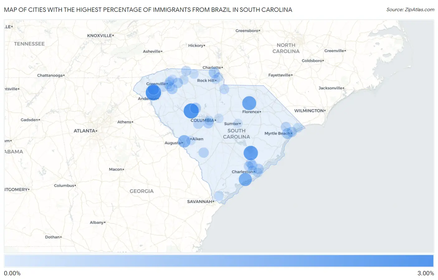 Cities with the Highest Percentage of Immigrants from Brazil in South Carolina Map
