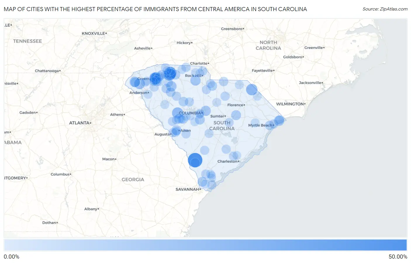Cities with the Highest Percentage of Immigrants from Central America in South Carolina Map