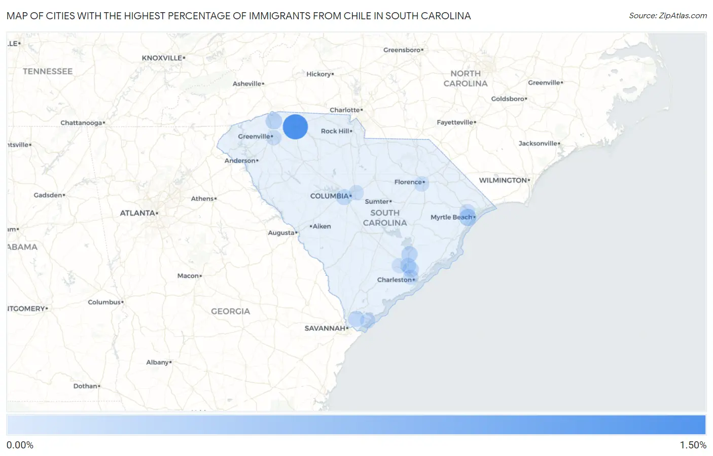 Cities with the Highest Percentage of Immigrants from Chile in South Carolina Map