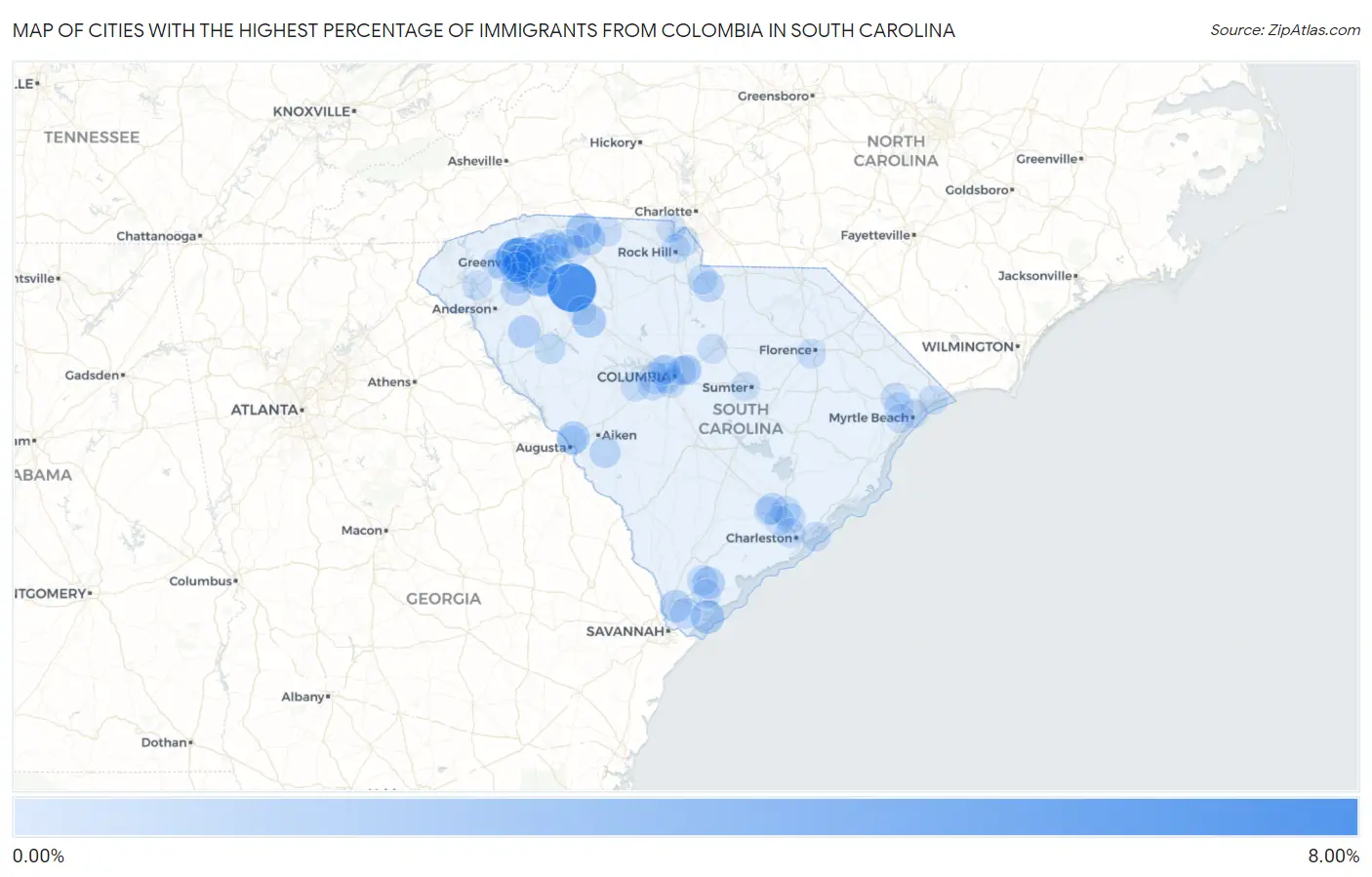 Cities with the Highest Percentage of Immigrants from Colombia in South Carolina Map
